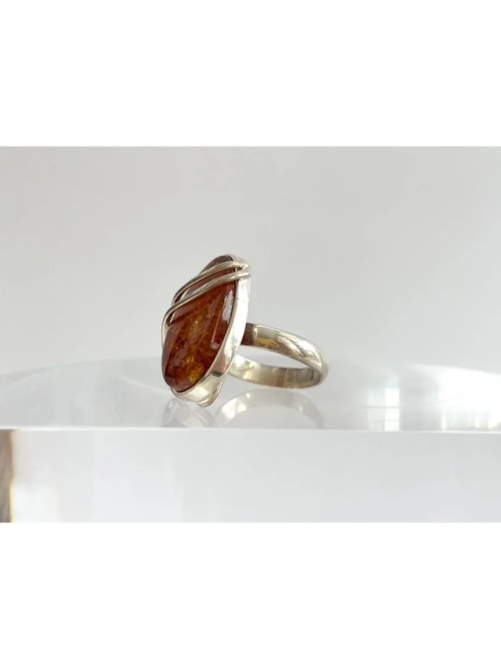 Modernist Genuine Baltic Amber Stone Sterling Silver 925 Vintage Ring - sz 7.5